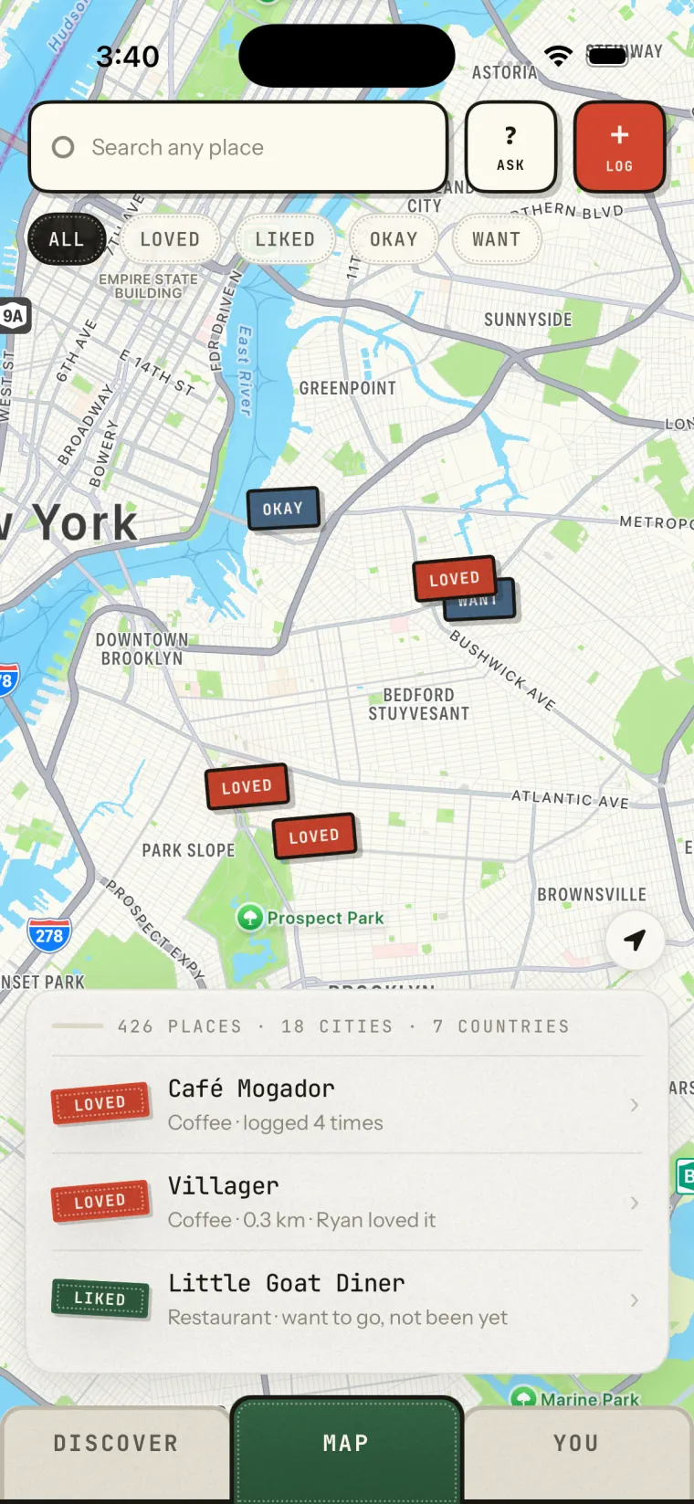 The map screen: pins across Brooklyn, each one carrying its own mark.