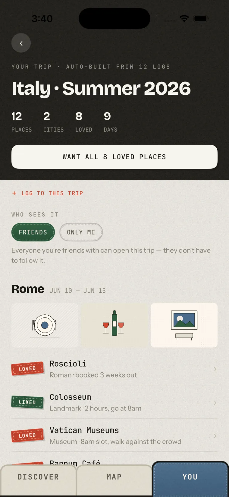 A trip page built from twelve logs across Rome and Florence.